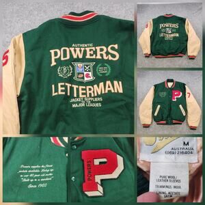 VTG 90s Powers Letterman Jacket Mens Medium Green Wool Leather Varsity Bomber